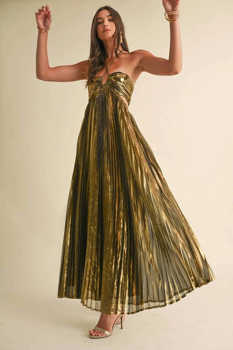 NEW EB LUXE the astra pleat maxi dress in gold